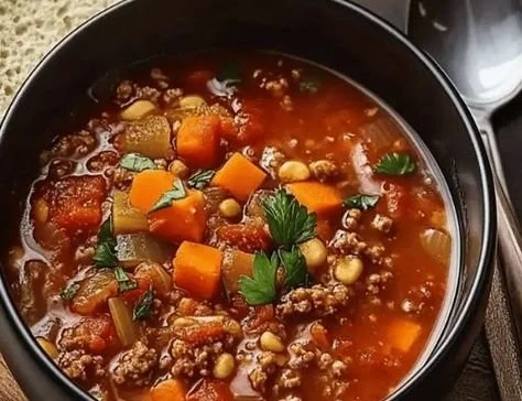 A steaming bowl of hearty hamburger soup with fresh vegetables and spices.