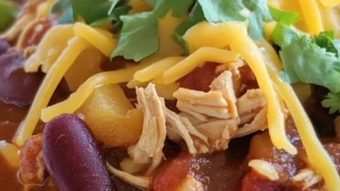 Bowl of hearty homemade chicken chili with garnishes on a wooden table.