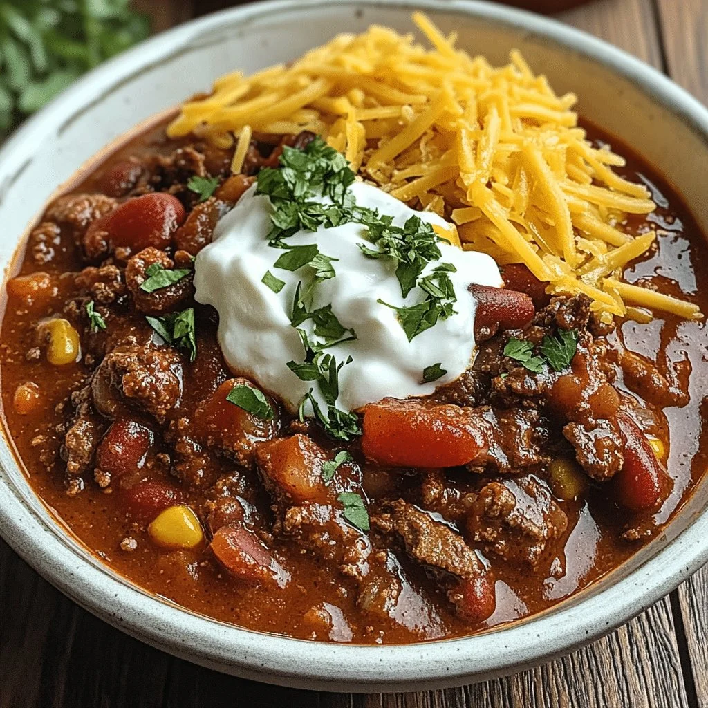 Hearty Instant Pot beef chili garnished with fresh herbs in a bowl