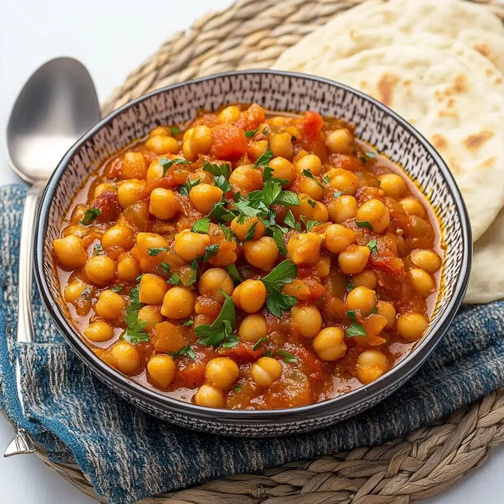 Bowl of hearty Moroccan Chickpea Stew garnished with fresh herbs
