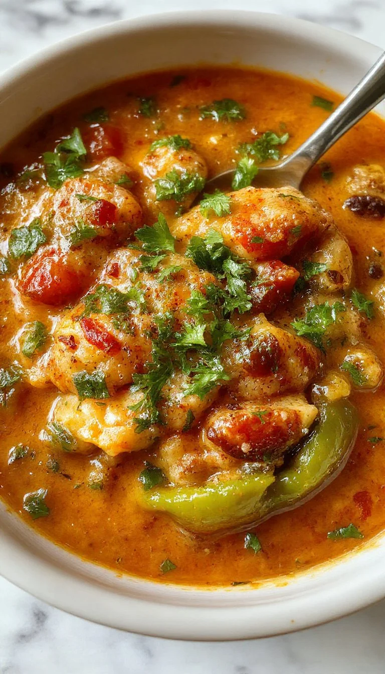 A bowl of high protein stuffed pepper soup garnished with herbs and spices.