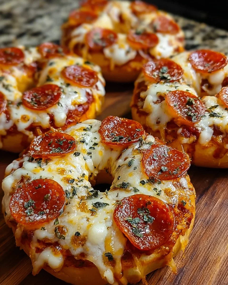 Homemade air fryer pizza bagels topped with cheese and pepperoni