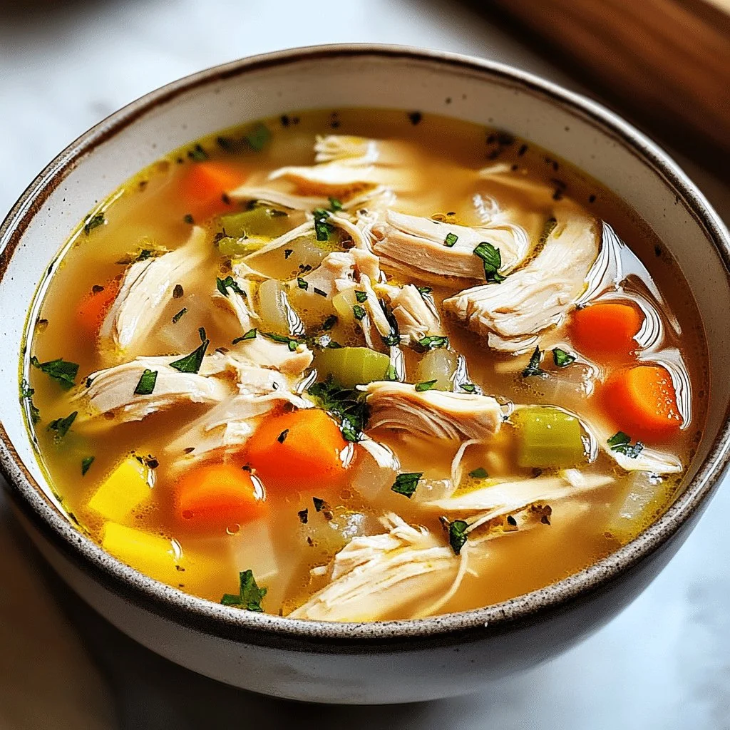 Bowl of homemade chicken soup with vegetables and herbs