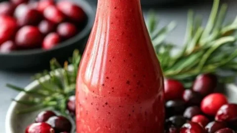 Bowl of homemade cranberry vinaigrette dressing with fresh cranberries.