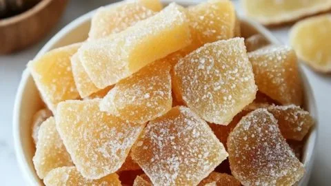 Homemade crystallized ginger pieces in a glass jar with spices