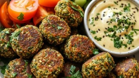Plate of homemade falafels served with tahini sauce