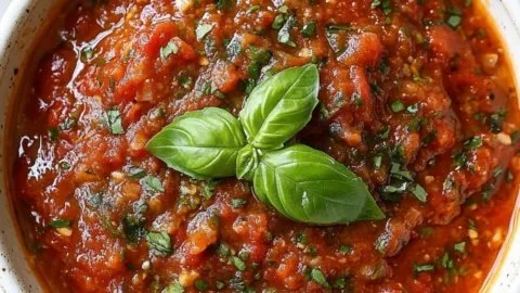 Bowl of homemade marinara sauce with fresh herbs and tomatoes