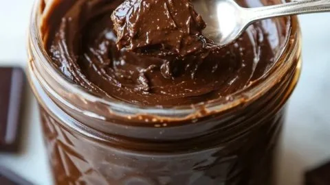 A jar of homemade Nutella spread next to a slice of bread.