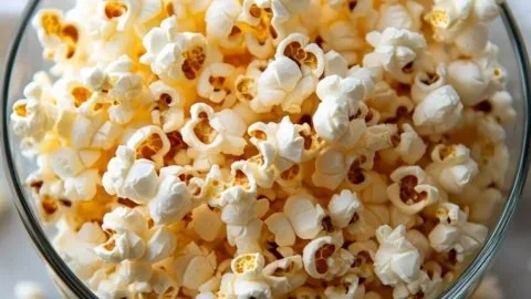 Freshly made homemade popcorn in a bowl for a cozy movie night.