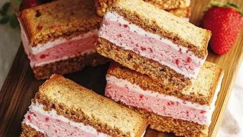 Homemade strawberry ice cream sandwiches with fresh strawberries and cookies