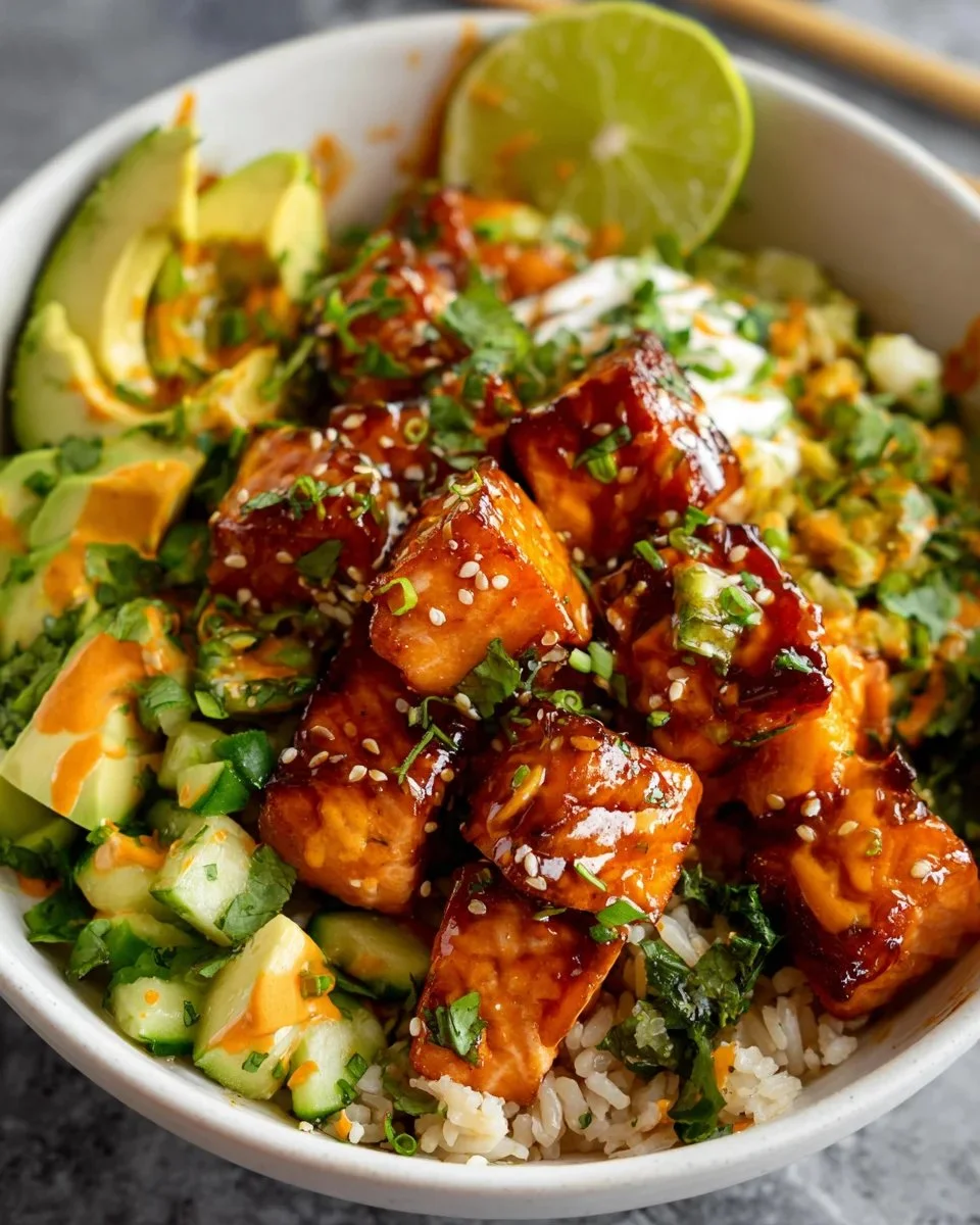 Delicious honey glazed salmon rice bowl topped with fresh vegetables