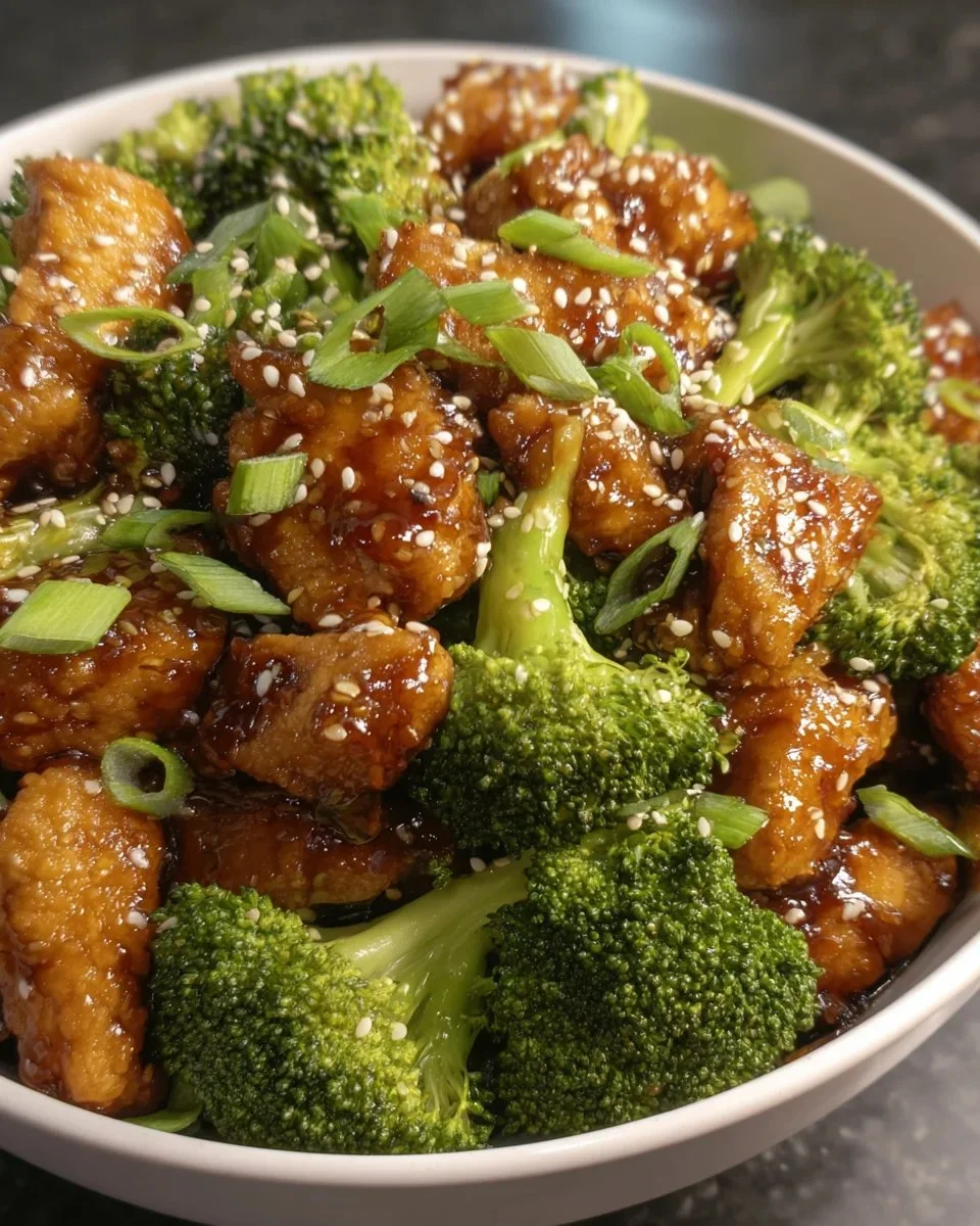 Honey Sesame Chicken with Broccoli dish on a plate