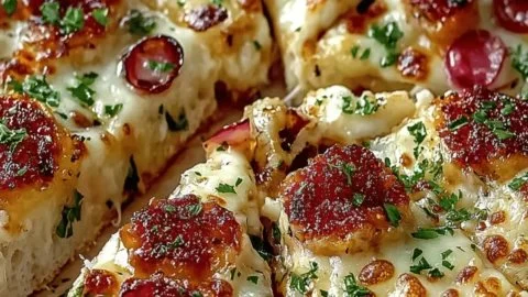 Hot honey garlic bread pizza topped with herbs and garlic.