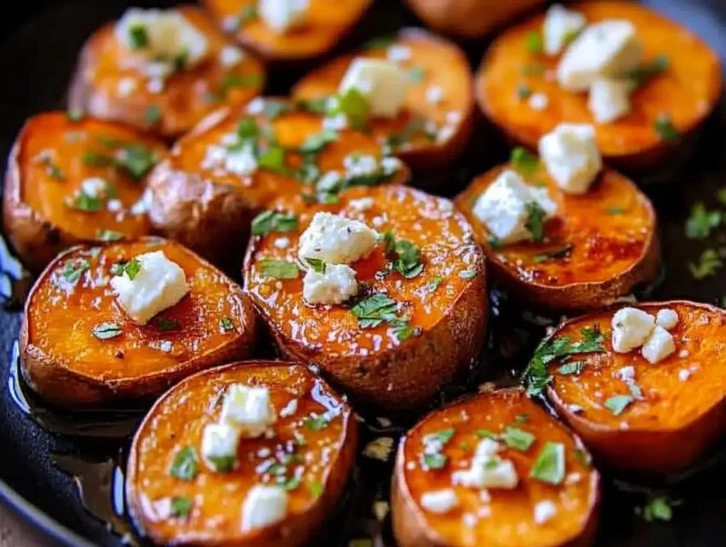 Roasted sweet potato rounds topped with honey and feta cheese