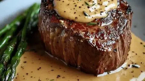 Delicious Filet Mignon served with creamy peppercorn sauce on a plate