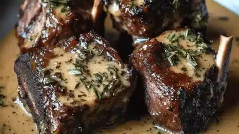 Delicious braised short ribs served in a creamy herb sauce