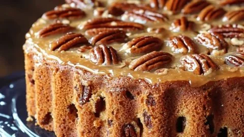 Delicious Butter Pecan Praline Poke Cake topped with pecans and caramel sauce.