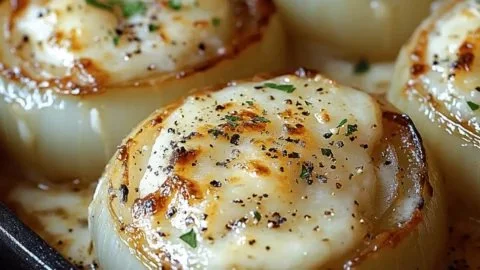 Creamy baked onions with Asiago cheese in a baking dish