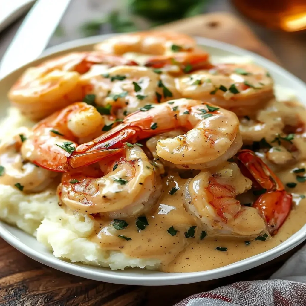 Delicious creamy garlic shrimp served on a bed of mashed potatoes