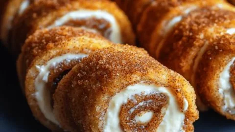 Crispy keto cinnamon cream cheese roll ups on a plate with a dusting of cinnamon