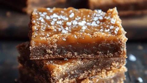 Delicious salted caramel butter bars topped with sea salt and caramel drizzle