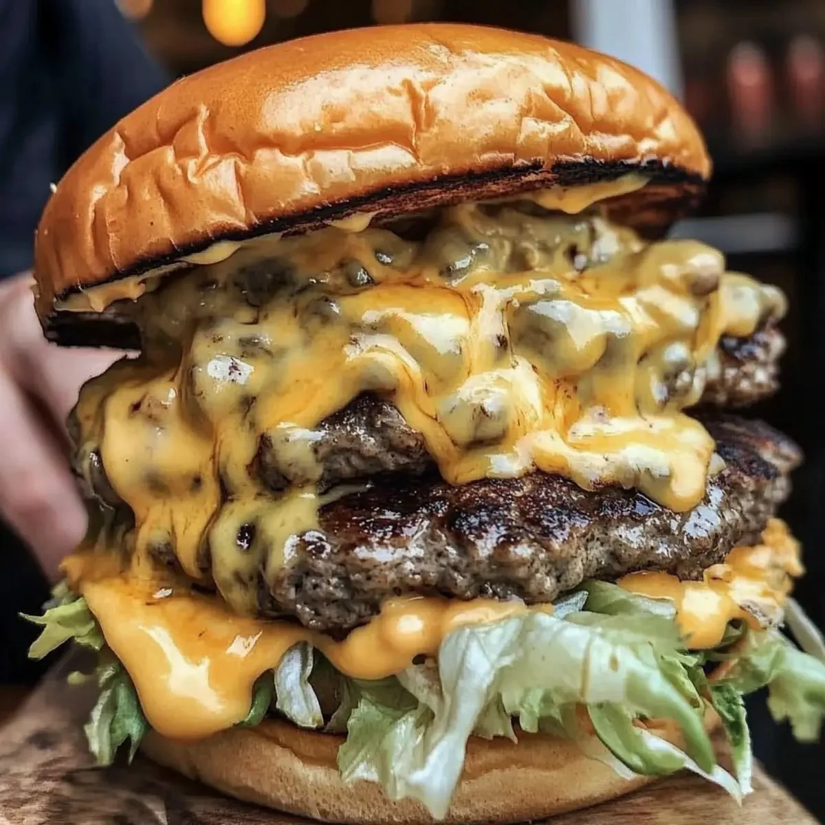 Juicy double cheeseburger with melted cheese and fresh toppings