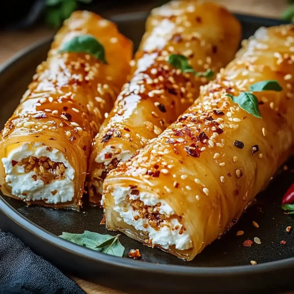 Oven fried feta rolls drizzled with sweet chili honey sauce on a plate.