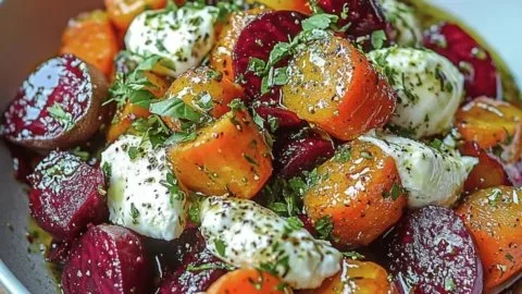 Indulgent salad of roasted beets and carrots topped with creamy burrata