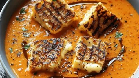 Bowl of creamy tomato bisque topped with grilled cheese croutons