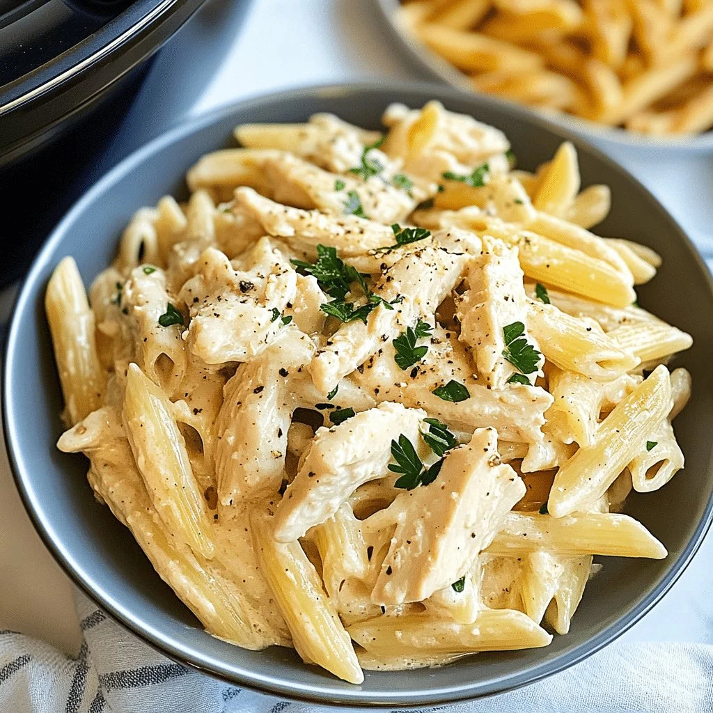 Creamy Instant Pot Chicken Alfredo served with pasta and parsley garnish