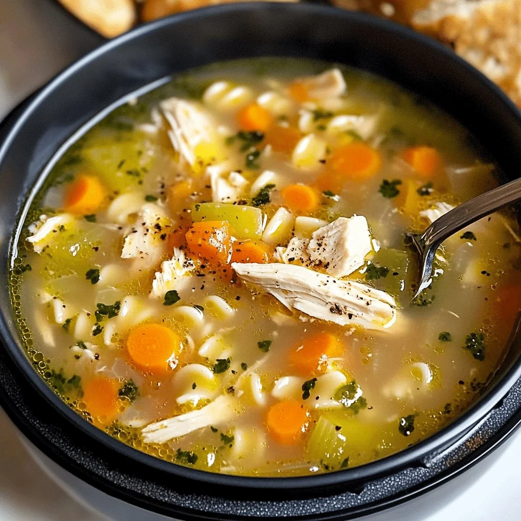 A bowl of Instant Pot chicken noodle soup with vegetables and noodles