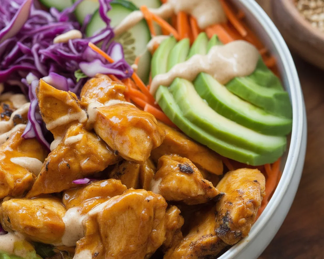 Bang Bang Chicken Bowl with seasoned chicken, creamy sauce, and fresh vegetables over rice.