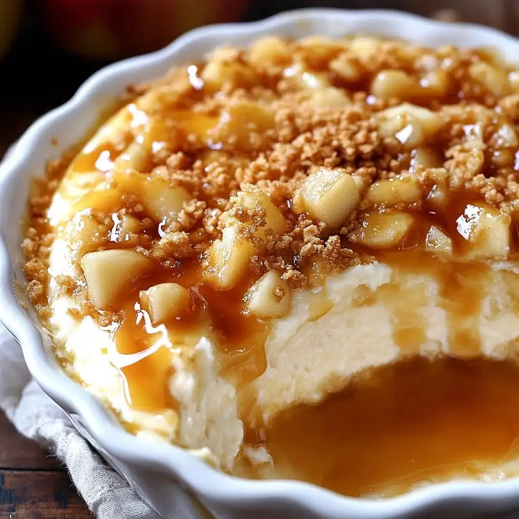 Creamy Caramel Apple Cheesecake Dip served with apple slices for dipping