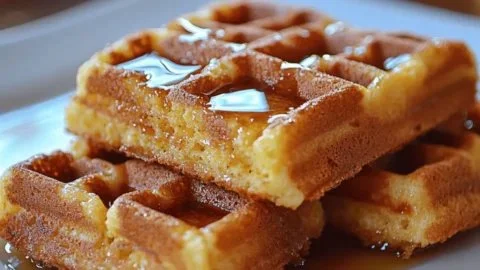 Delicious cornbread waffles served with honey butter syrup.