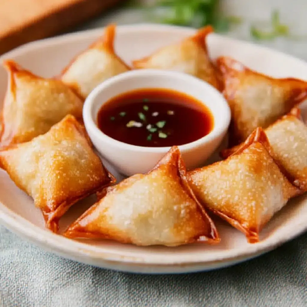 Irresistible Crab Rangoon appetizer served on a platter, crispy and creamy