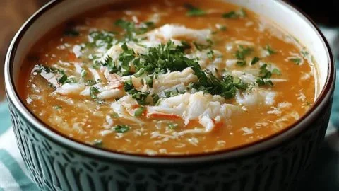 Creamy crab soup in a bowl, garnished with fresh herbs