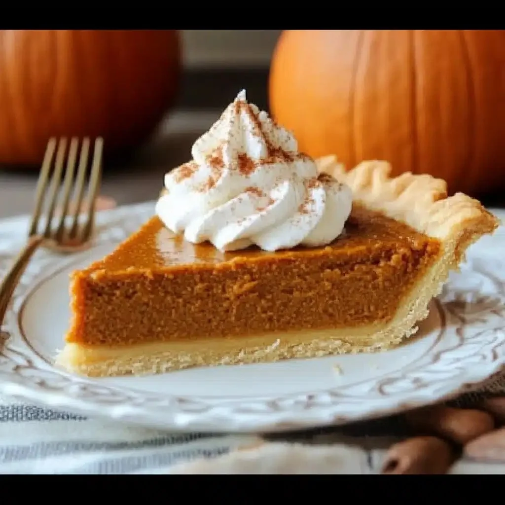 Vegan dairy-free oat milk pumpkin pie on a rustic table, topped with whipped cream