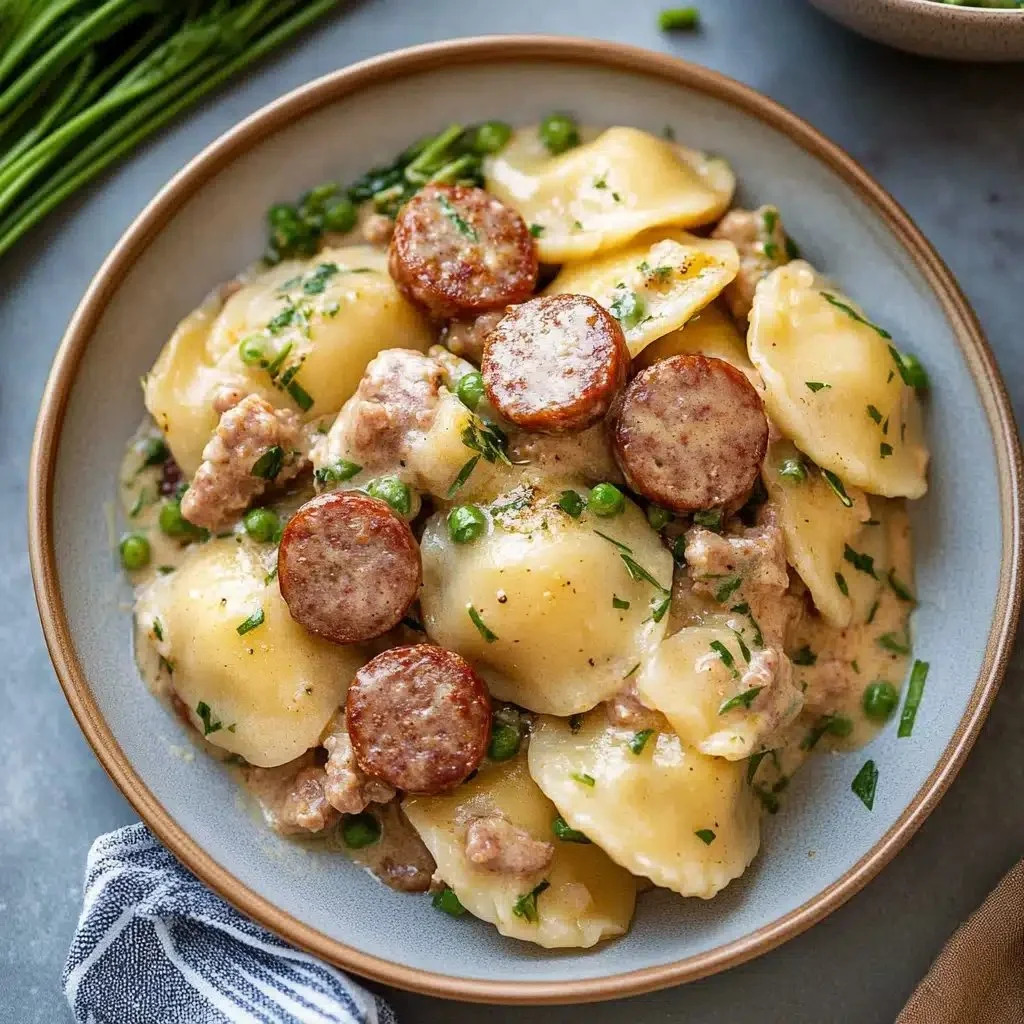 Creamy pierogi with turkey sausage in a skillet, garnished and ready to serve.