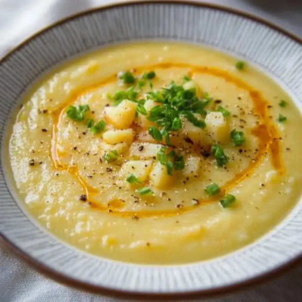Bowl of creamy potato parsnip soup topped with fresh herbs