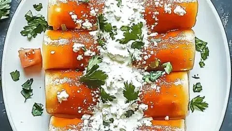 Delicious plate of roasted tomato enchiladas topped with fresh herbs