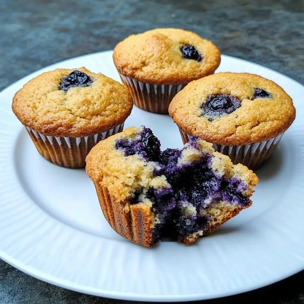 Fluffy almond flour blueberry muffins fresh out of the oven, delicious and gluten-free.