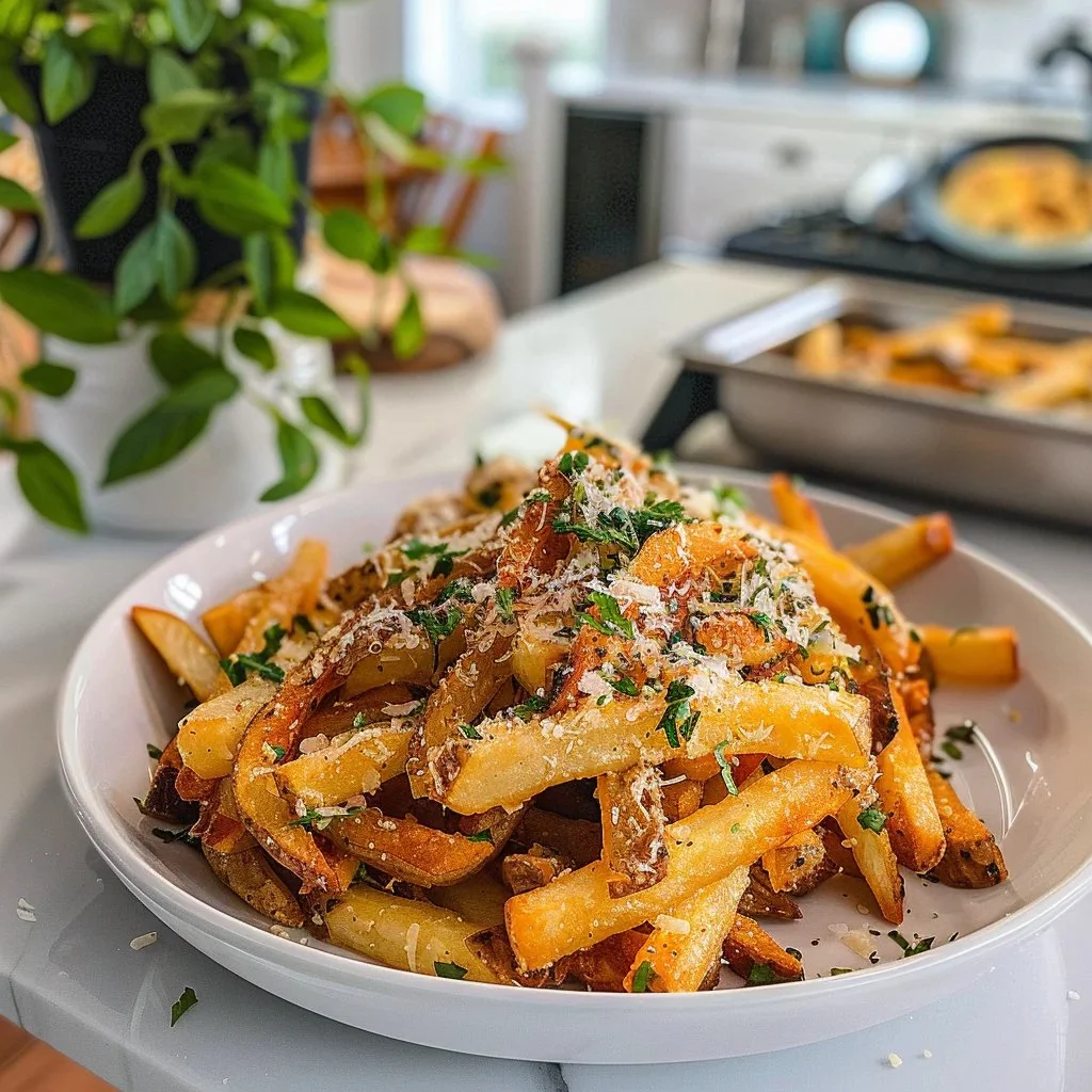 Delicious garlic parmesan fries served hot with herbs and cheese
