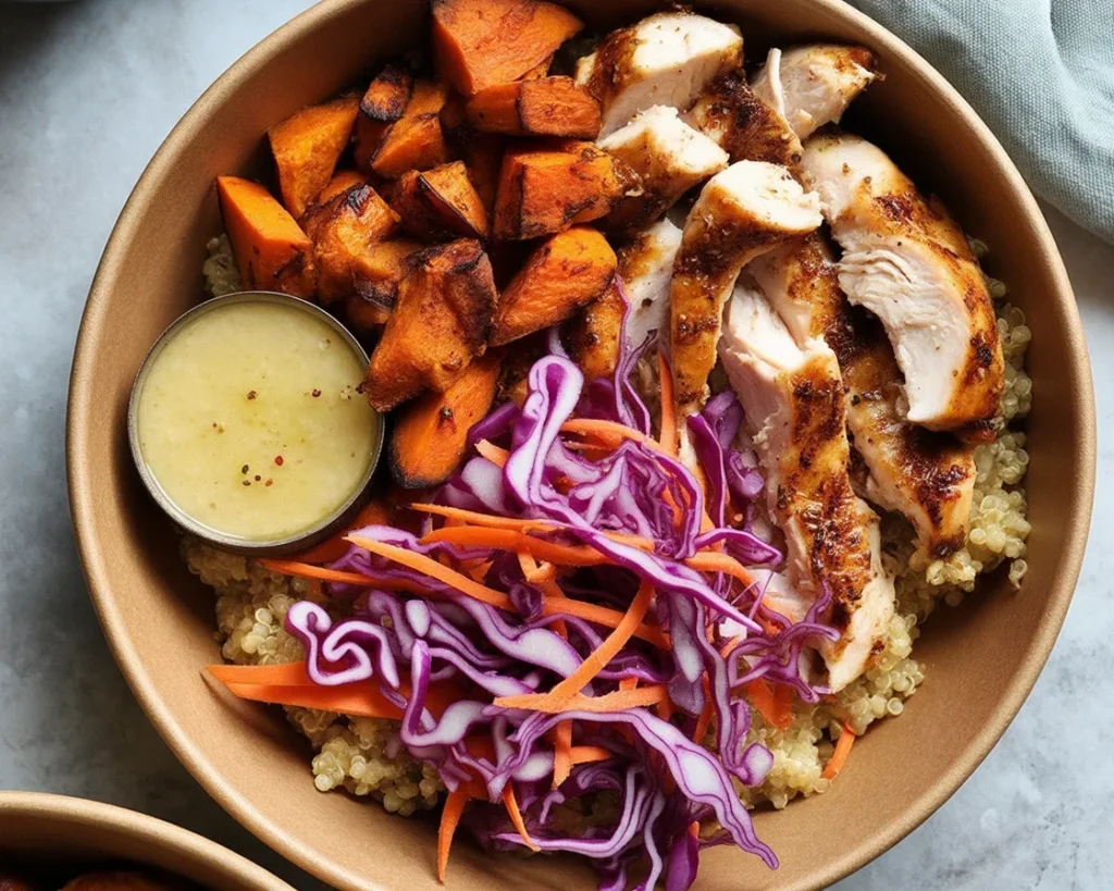 Delicious Hot Honey Chicken Bowl with roasted sweet potatoes and zesty coleslaw.