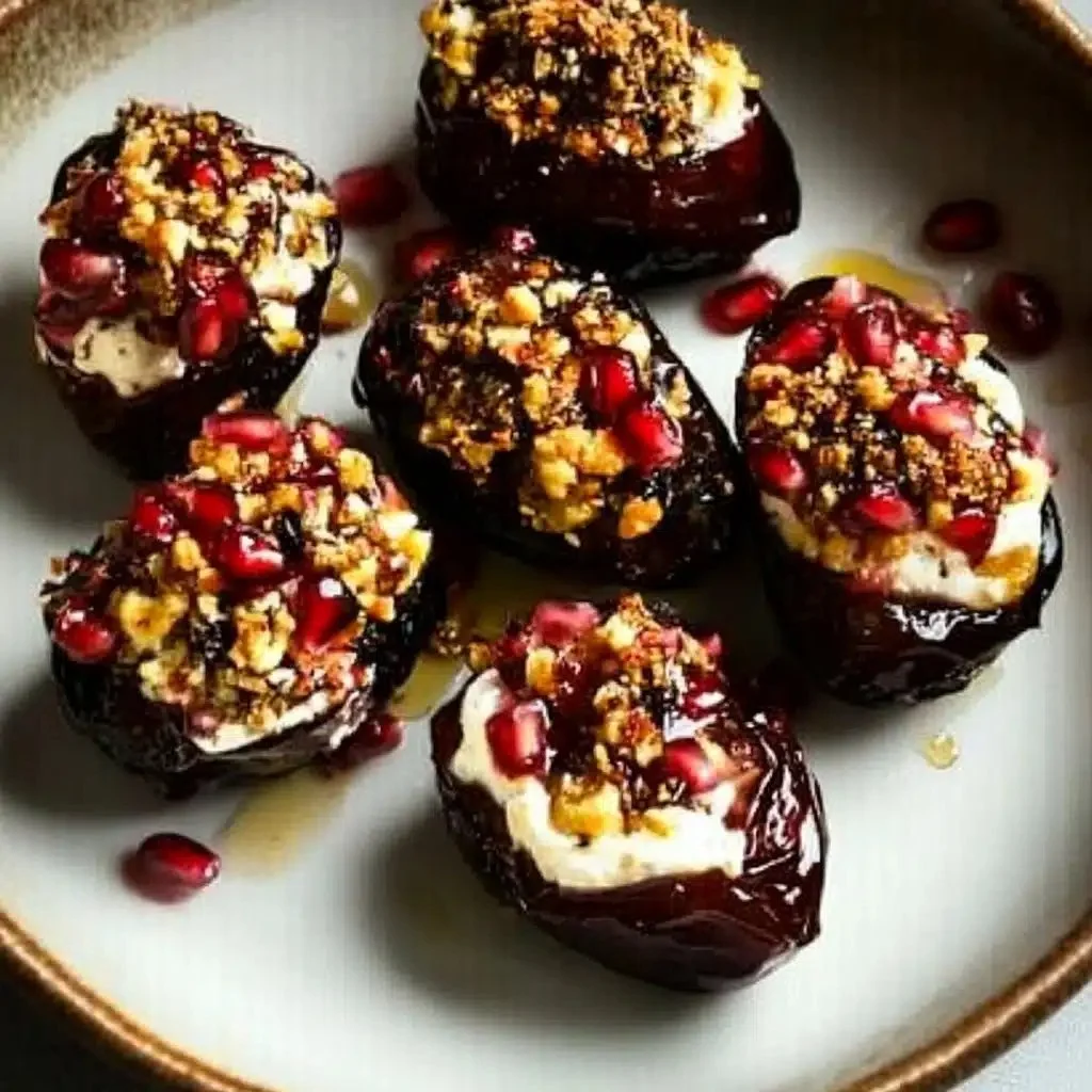 Mascarpone stuffed dates garnished with pomegranate seeds and drizzled with honey