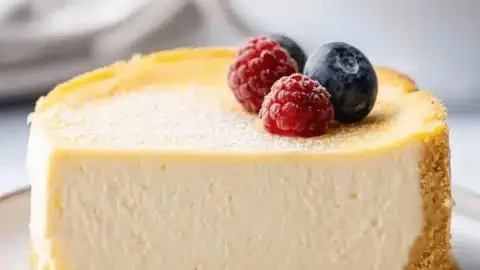 Delicious New York Style Cheesecake with a graham cracker crust and fresh berries