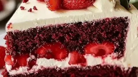 Irresistible red velvet strawberry cheesecake dessert
