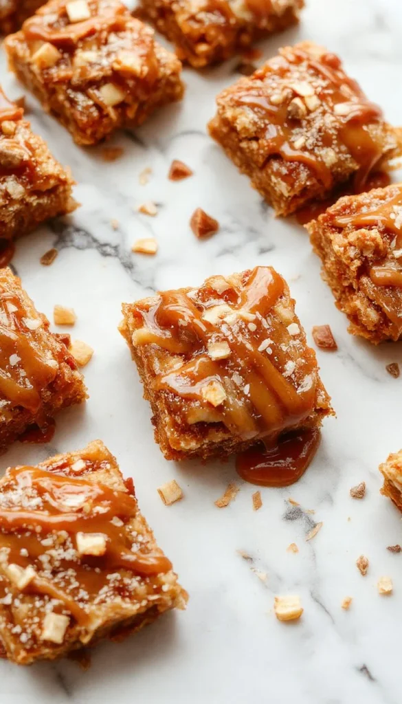 Delicious salted caramel apple bars topped with a drizzle of caramel