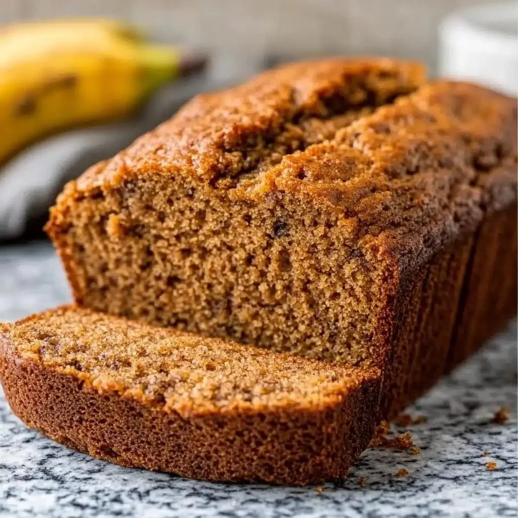 Slice of sugar free banana bread on a wooden table with bananas.