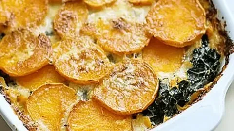 Delicious sweet potato and kale gratin served in a cozy gathering setting.