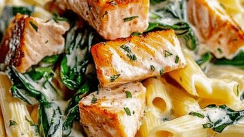 Creamy Pasta con Salmón with spinach ready to serve
